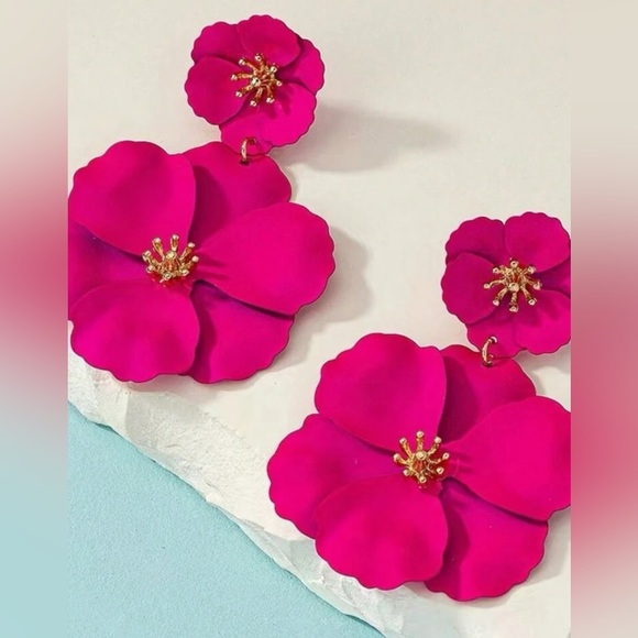 Pink Flower Drop Earrings - Picture 2 of 6